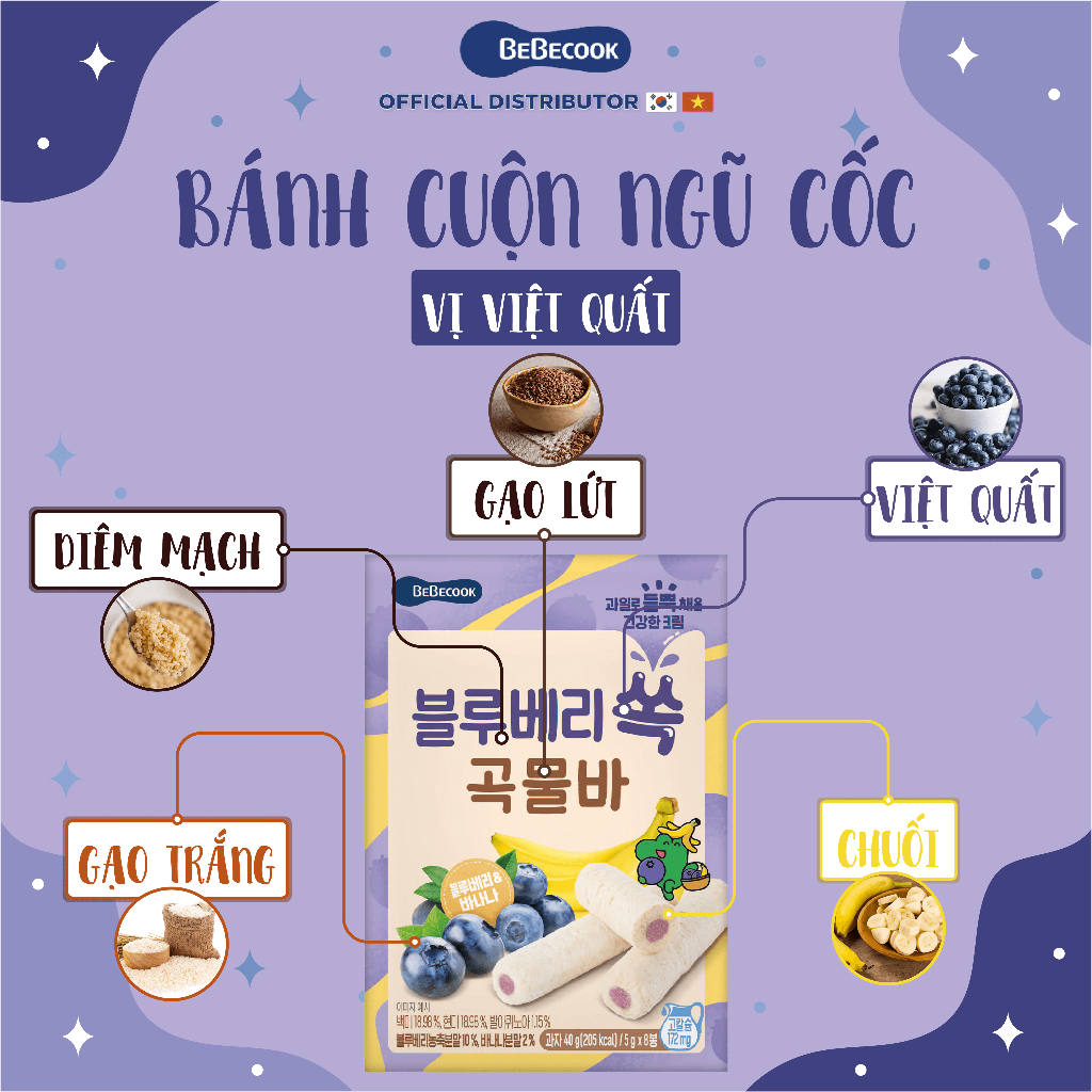 Bánh ngũ cốc ăn dặm cho bé BeBecook dạng thanh cuộn vị trái cây hữu cơ 40gr/gói