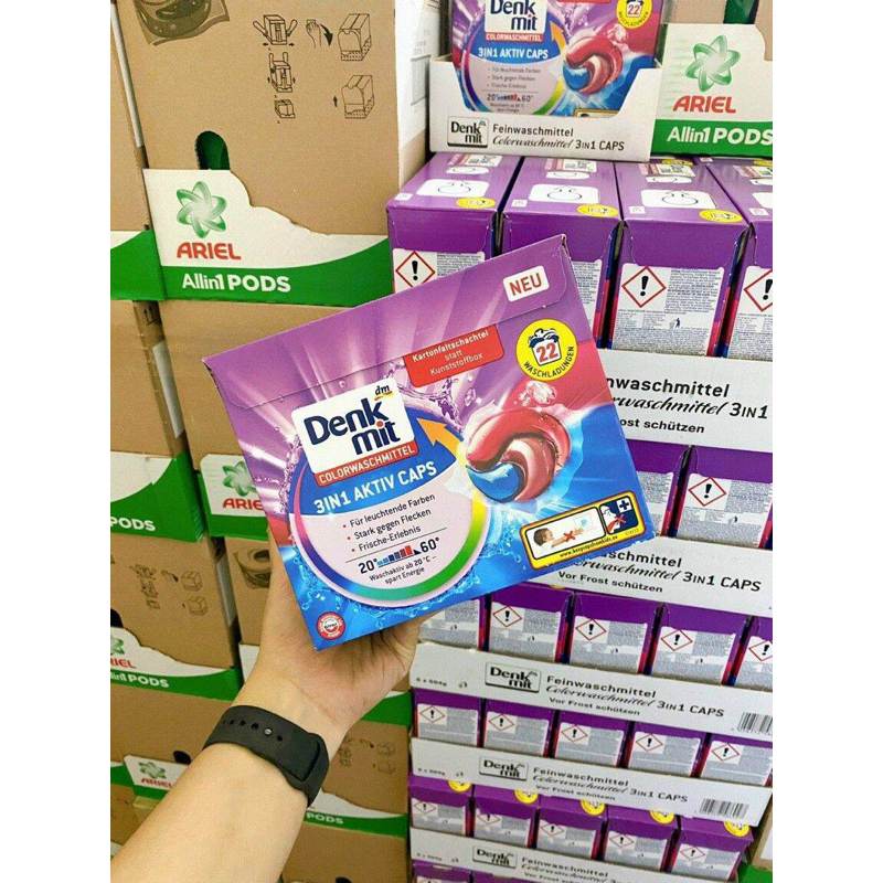 Viên giặt xả  3in1 Denkmit AKTIV CAPS - Hộp 22v, viên giặt tẩy quần áo màu - Hàng nhập khẩu Đức