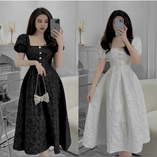 Đầm cổ vuông xếp li tiểu thư sang chảnh