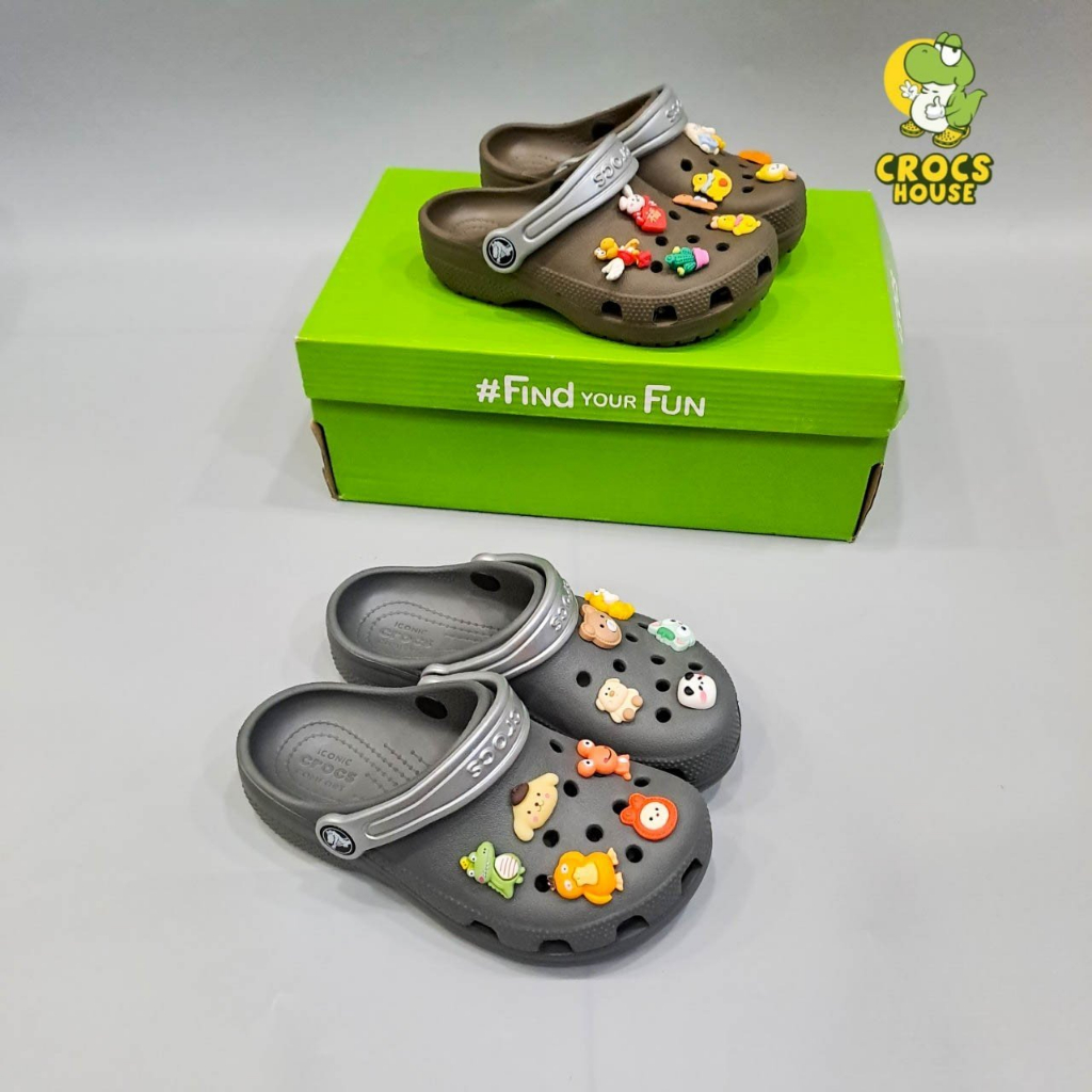 Dép cross classic trẻ em chính hãng màu nâu tặng jbbitz sticker 3D, dép sục cross bé trai hàng xuất dư VNXK Nhà Cá Sấu
