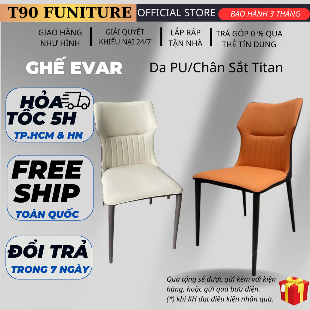 Ghế Ăn Bọc Da Pu T90 Evar, Chân Sắt Sơn Tĩnh Điện. Nhập Khẩu Cao Cấp Hiện Đại, Phù Hợp Căn Hộ Chung Cư Gia Đình