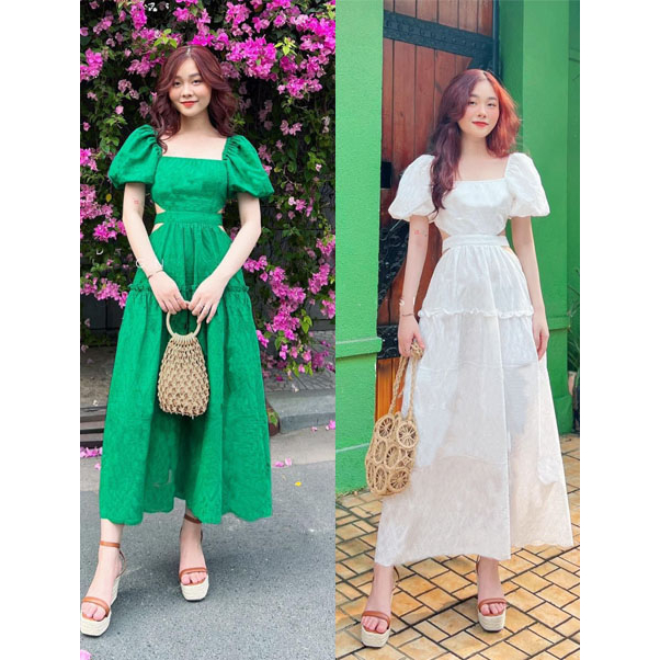*Đầm maxi cổ vuông tay phồng khoét eo HAI MÀU chất vải mềm