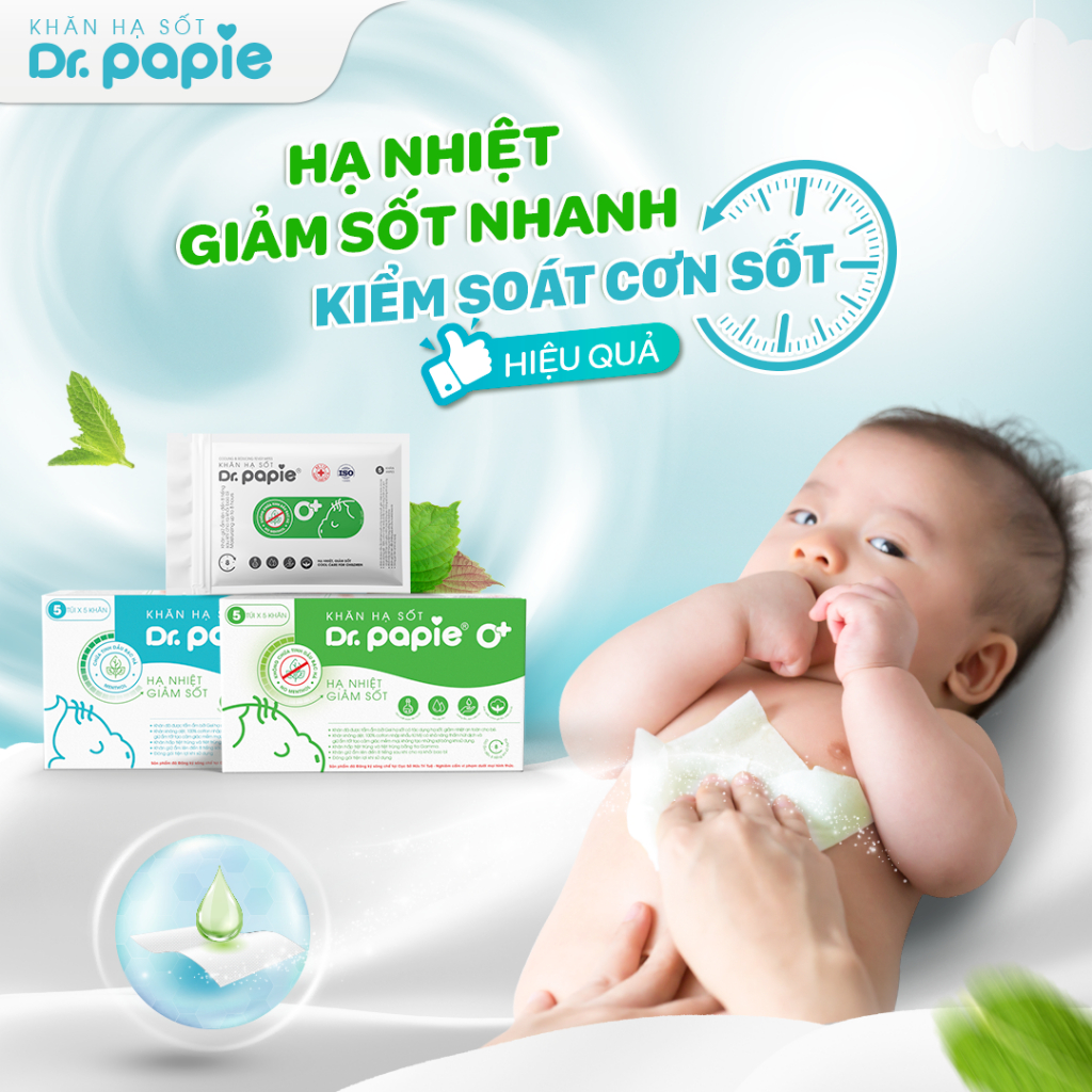 Khăn Lau Hạ Sốt Dr Papie 0M+ Thải Nhiệt Hạ Sốt Chuẩn Nhi Khoa, Ngăn Ngừa Co Giật Cho Bé Hộp 5 Gói x 5 Khăn/Gói