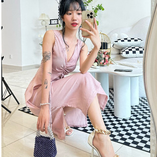 Đầm thiết kế dự tiệc cổ tim dâu rút, váy dạo phố sexy body sang chảnh