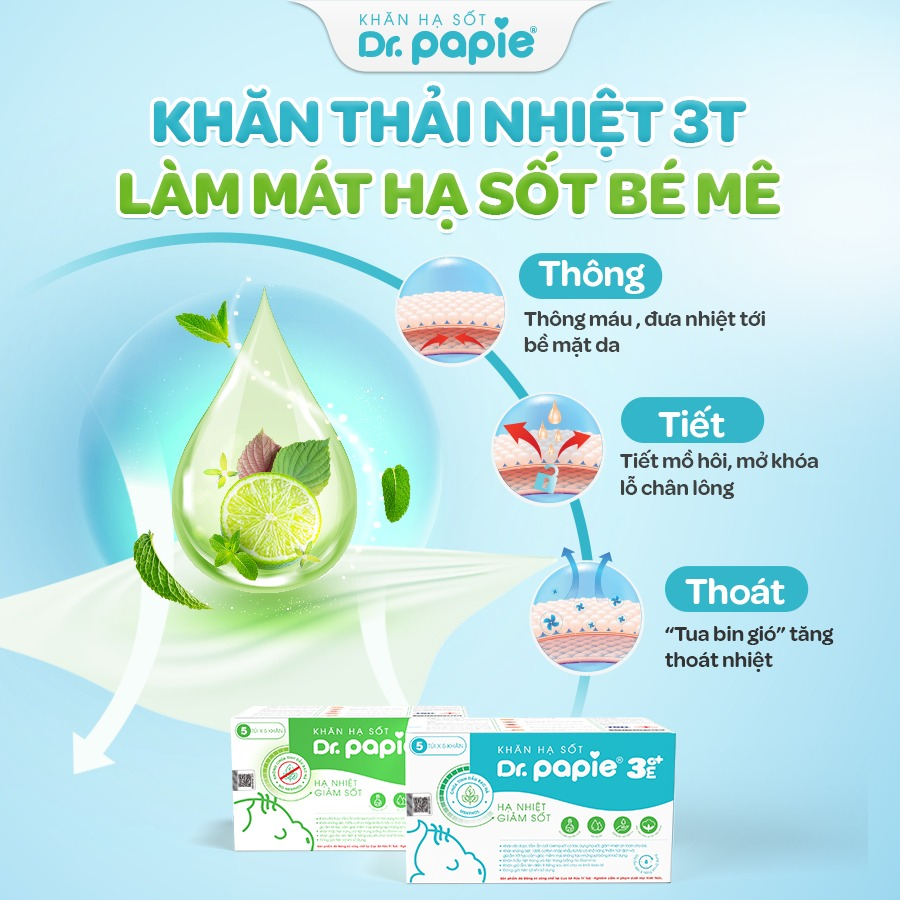 Combo 2 Khăn Lau Hạ Sốt 3+ Dr Papie Thải Nhiệt Hạ Sốt Chuẩn Nhi Khoa, Ngăn Ngừa Co Giật Cho Bé Hộp 5 Gói x 5 Khăn/Gói