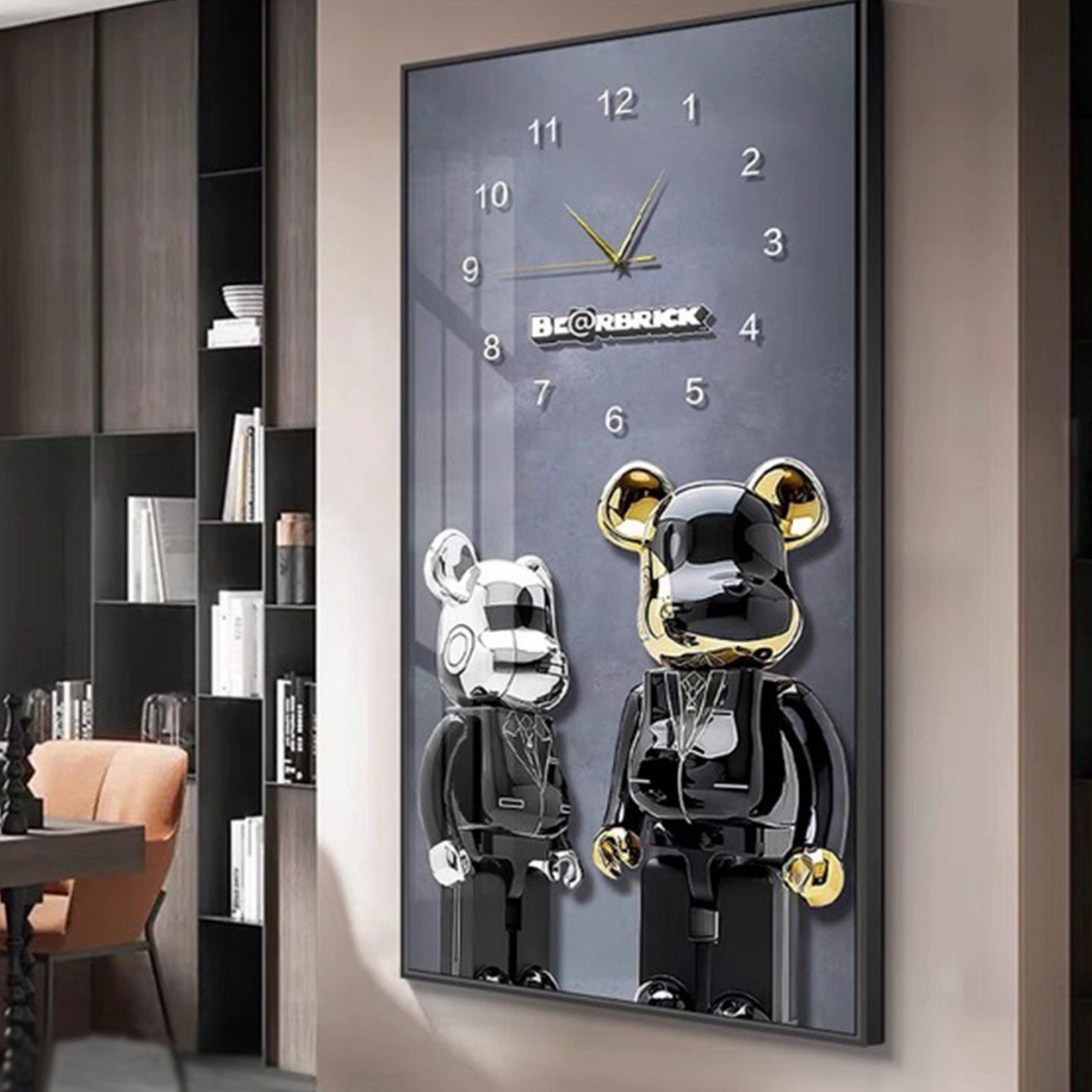 Tranh đồng hồ treo tường Gấu bearbick tráng gương cao cấp trang trí phòng khách, phòng ngủ, làm quà tặng
