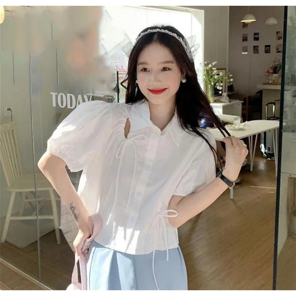ÁO KIỂU SƠ MI RÚT EO TAY PHỒNG CÁ TÍNH