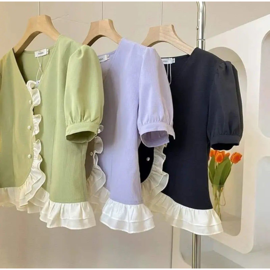 ÁO KIỂU PHỐI BÈO CỔ NÚT BỘC CÁ TÍNH TRẺ TRUNG GỌI CẢM