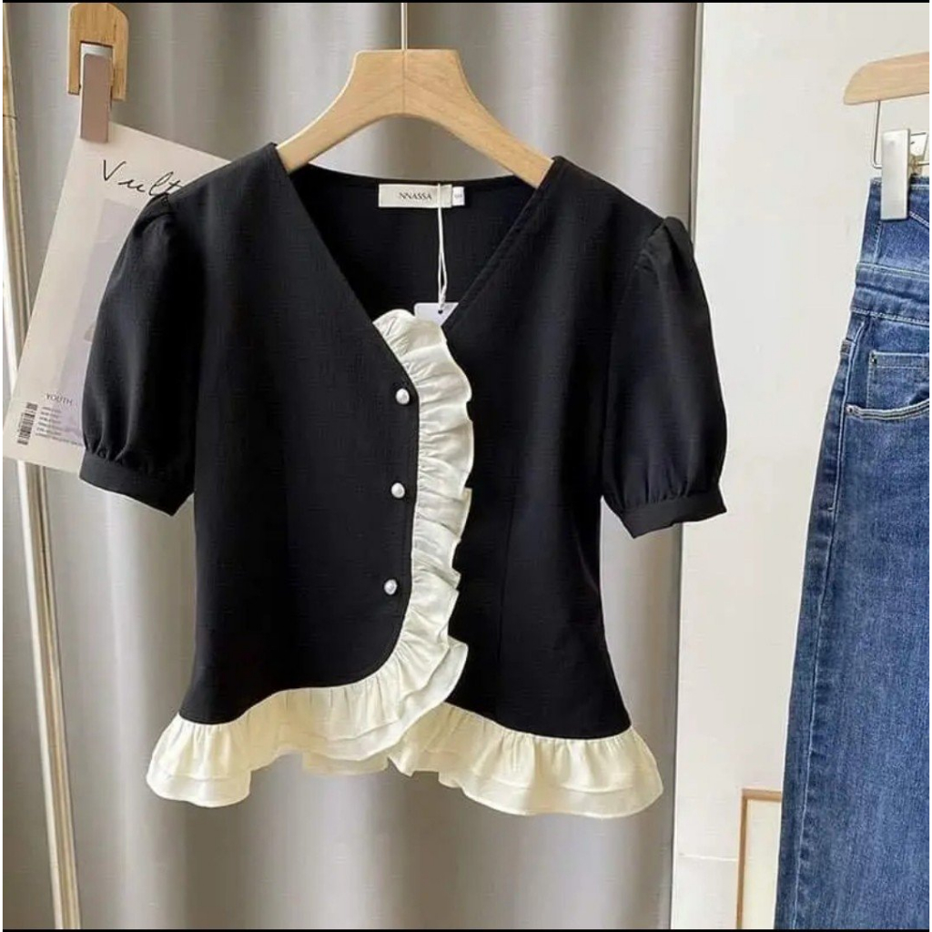ÁO KIỂU PHỐI BÈO CỔ NÚT BỘC CÁ TÍNH TRẺ TRUNG GỌI CẢM