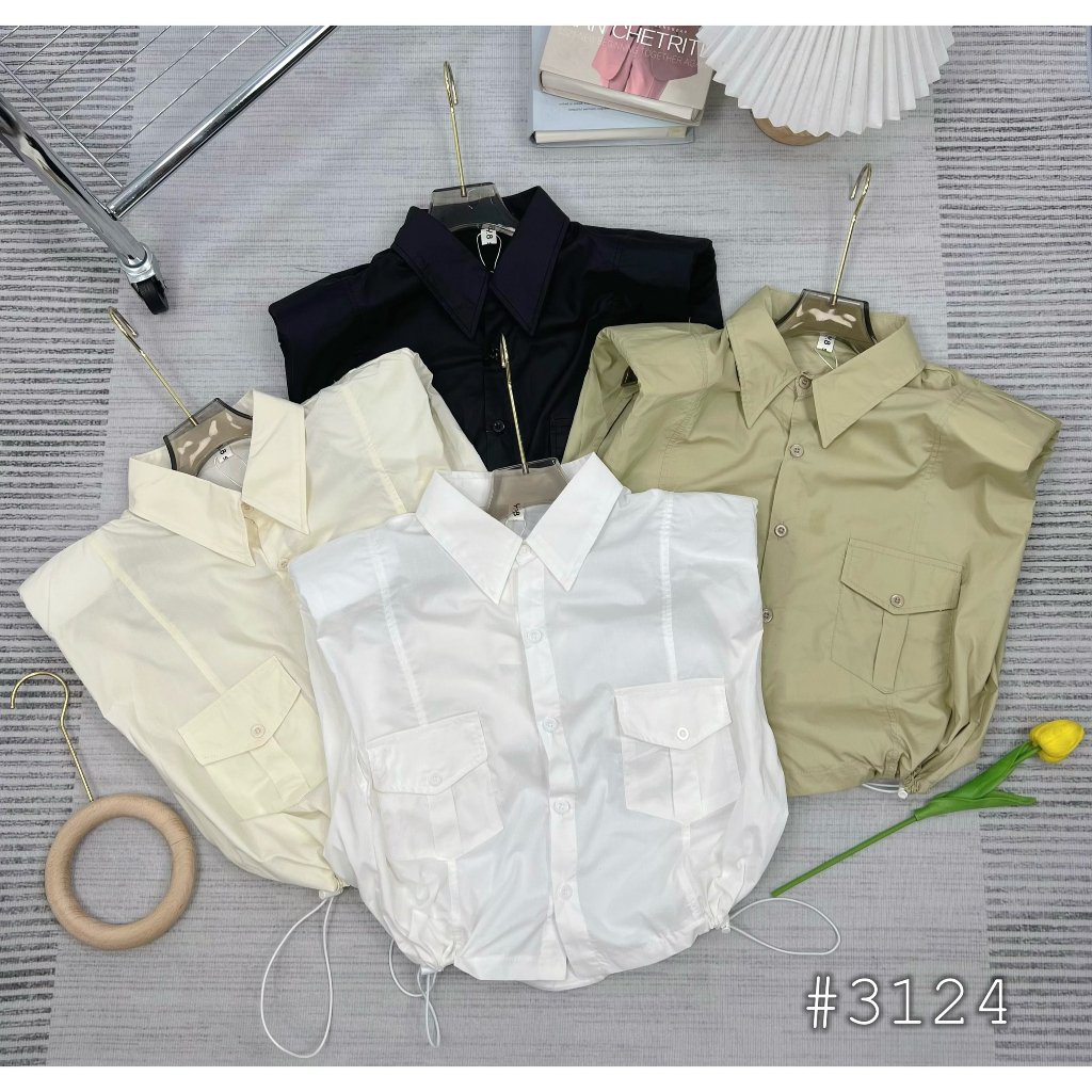 Áo croptop túi hộp tay hến bồng có đệm vai dây rút eo