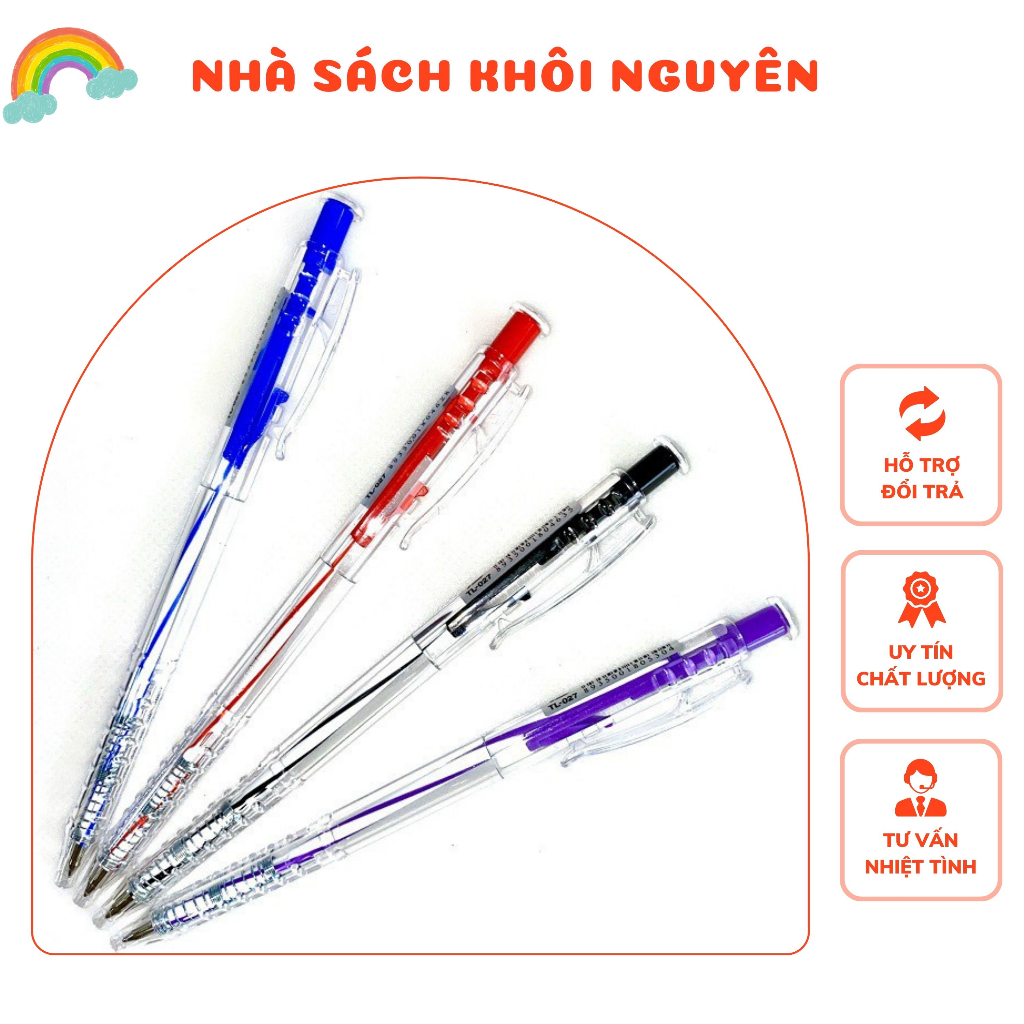 Hộp 20 Bút Bi Bấm Thiên Long TL-027 Đủ Màu Mực Thiết Kế Vỏ Trong Suốt Tối Giản
