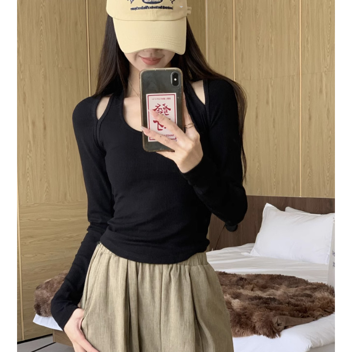 Áo kiểu tay dài ôm dáng màu xanh dương nữ tính