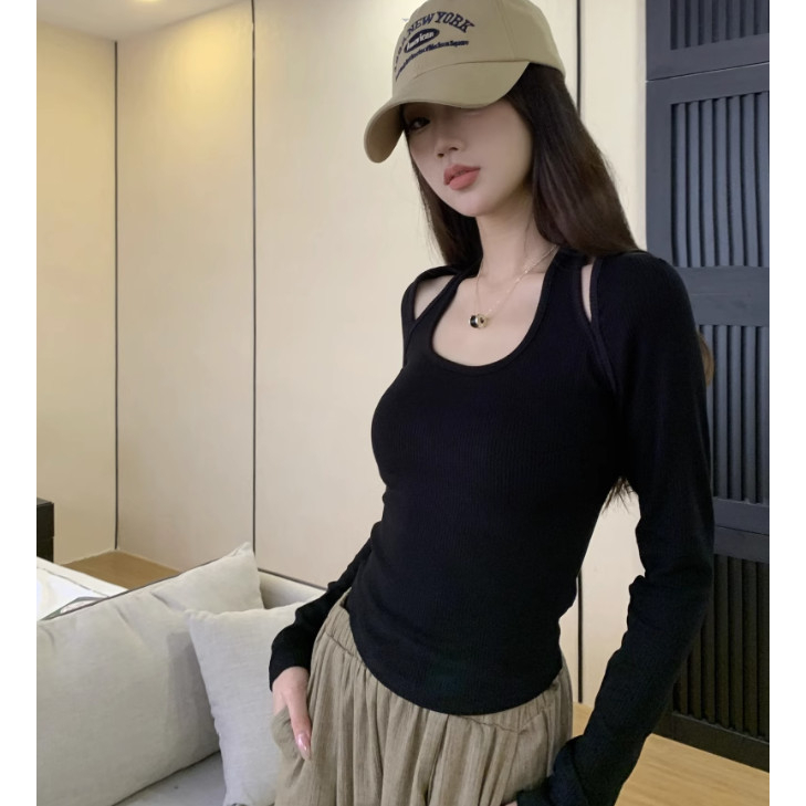 Áo kiểu tay dài ôm dáng màu xanh dương nữ tính