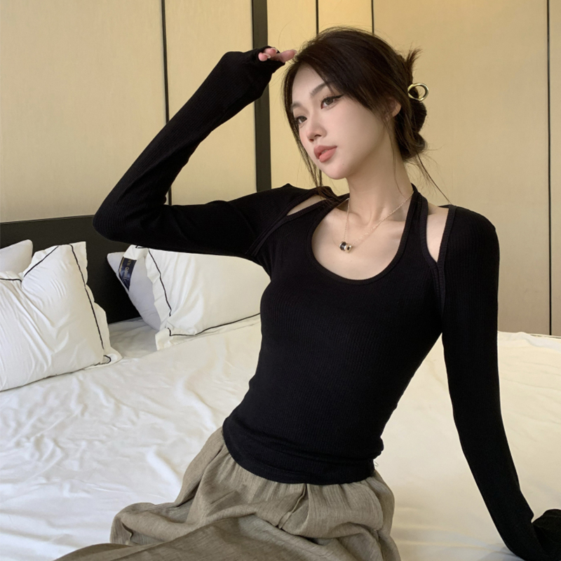 Áo kiểu tay dài ôm dáng màu xanh dương nữ tính