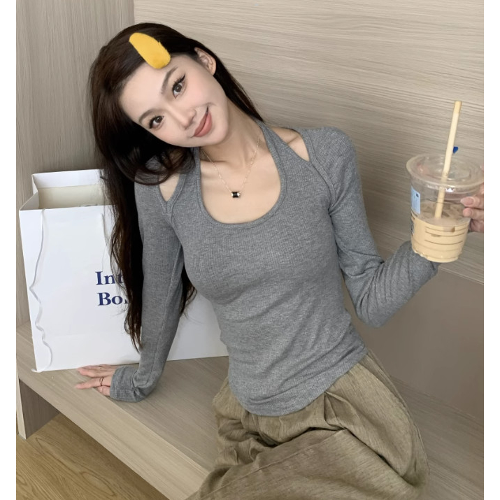 Áo kiểu tay dài ôm dáng màu xanh dương nữ tính