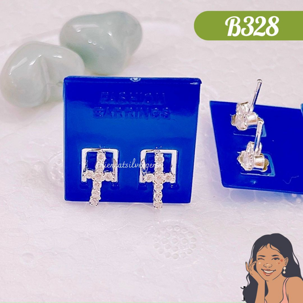 B328 Bông tai nụ chữ thập đính đá Bạc thật Thiên Cát s950