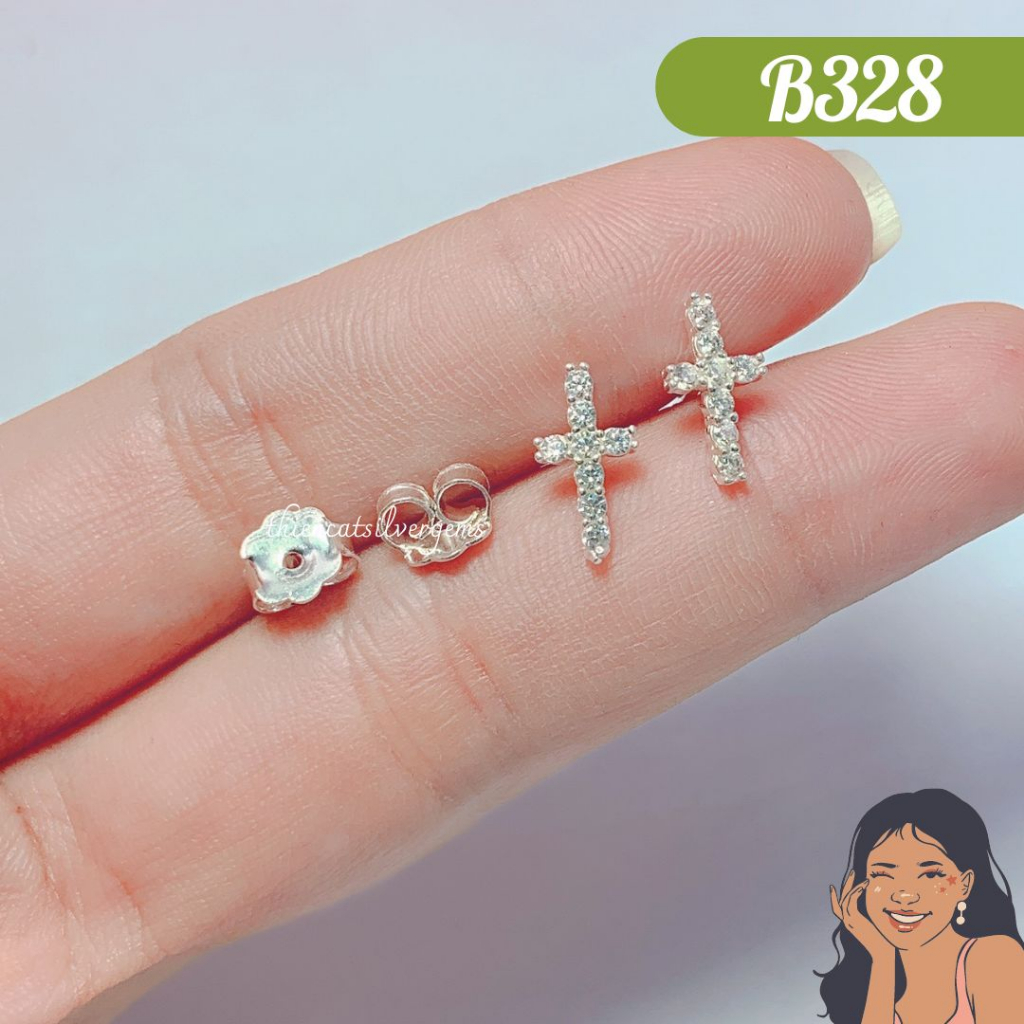 B328 Bông tai nụ chữ thập đính đá Bạc thật Thiên Cát s950
