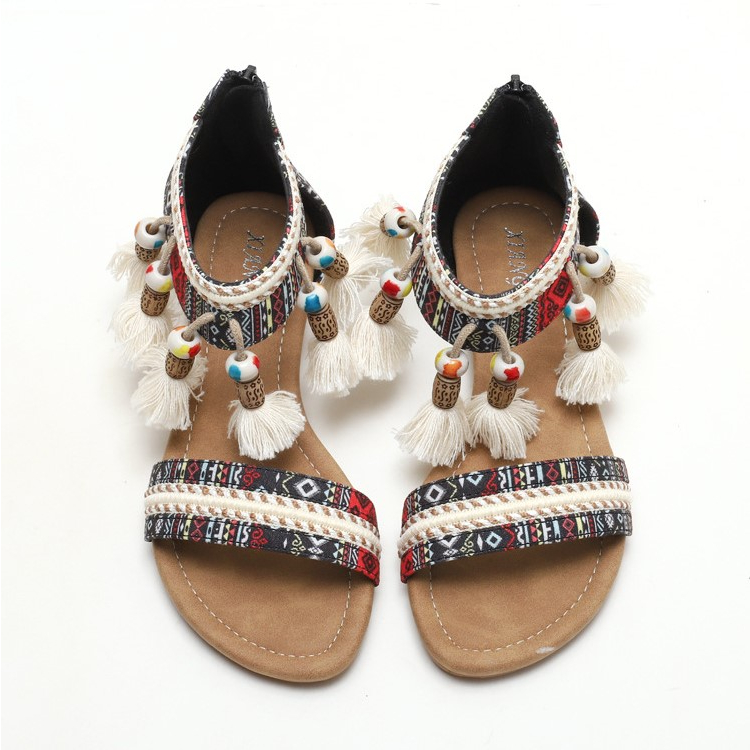 XIANGLV, Giày Sandal Nữ Chiến Binh Phong Cách Boho Tua Rua Cao 1.5 Phân Nội Địa Trung, Giày Sandal Thổ Cẩm N60