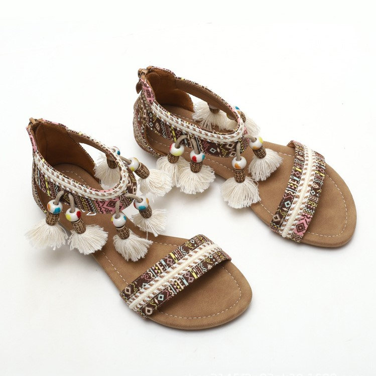 XIANGLV, Giày Sandal Nữ Chiến Binh Phong Cách Boho Tua Rua Cao 1.5 Phân Nội Địa Trung, Giày Sandal Thổ Cẩm N60