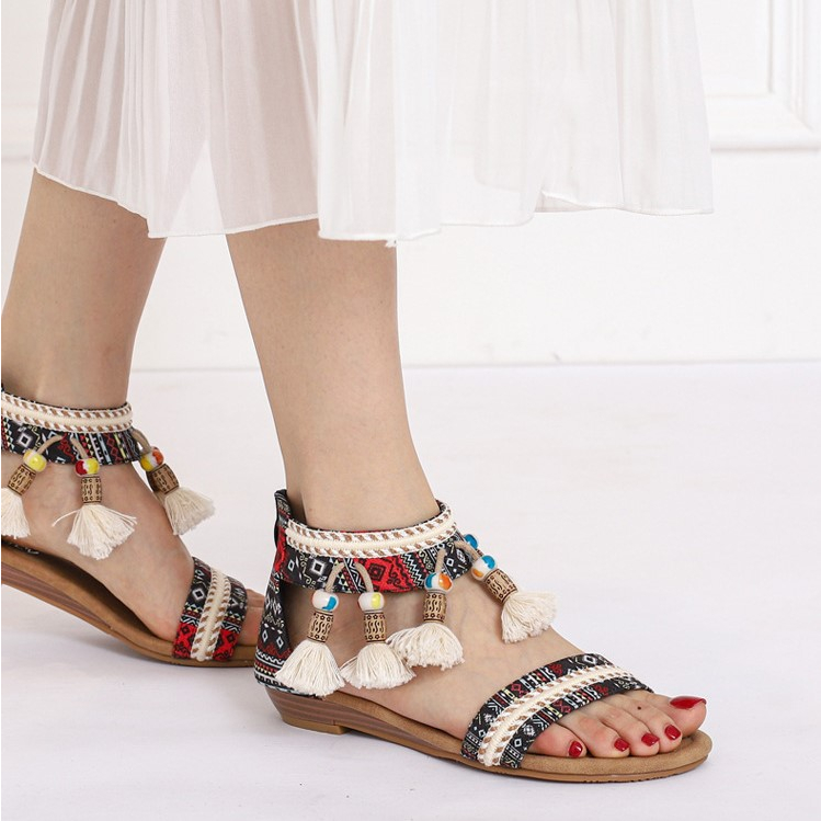 XIANGLV, Giày Sandal Nữ Chiến Binh Phong Cách Boho Tua Rua Cao 1.5 Phân Nội Địa Trung, Giày Sandal Thổ Cẩm N60
