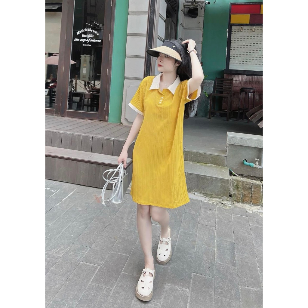 Váy suông cổ sơ mi phối trắng đũi gân, đầm suông dáng dài hai màu chất đũi gân thấm hút mồ hôi