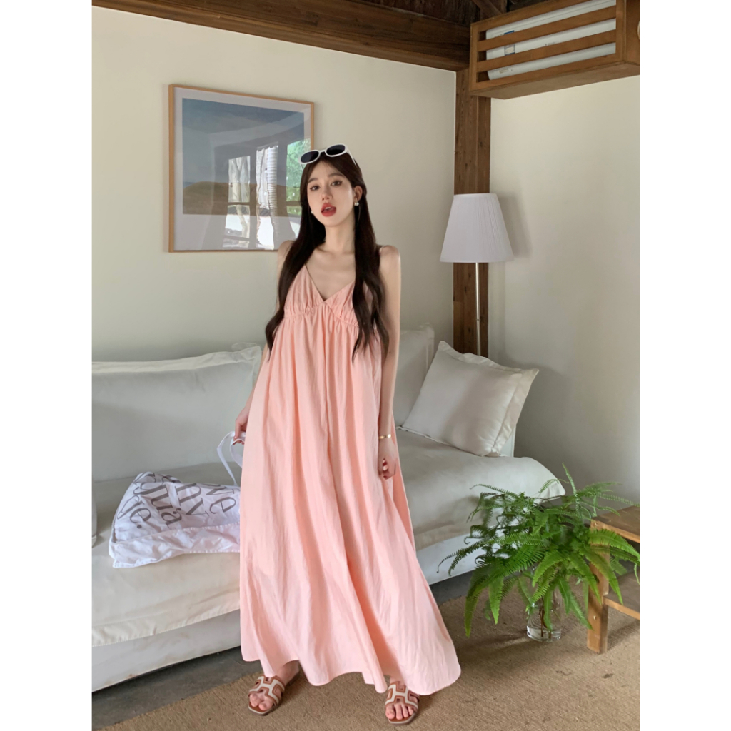 Đầm hai dây dáng dài, váy hai dây maxi đi biển đi du lịch mặc ở nhà màu hồng ngọt ngào xinh xắn dành cho nữ