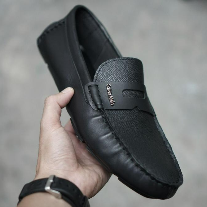 Giày da nam cổ thấp ColeHan màu đen, giày lười mọi nam CALVIN BOAT, giày công sở da bò thật thương hiệu TONKIN