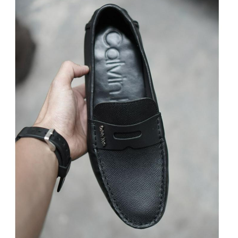 Giày da nam cổ thấp ColeHan màu đen, giày lười mọi nam CALVIN BOAT, giày công sở da bò thật thương hiệu TONKIN