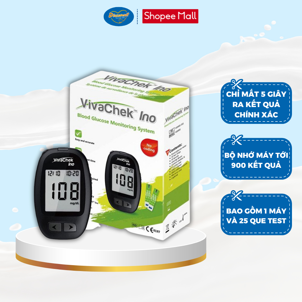 Máy đo đường huyết Vivachek Ino + Que thử đường huyết (25 que + 25 kim) Quà tặng khi mua DIASOMALT