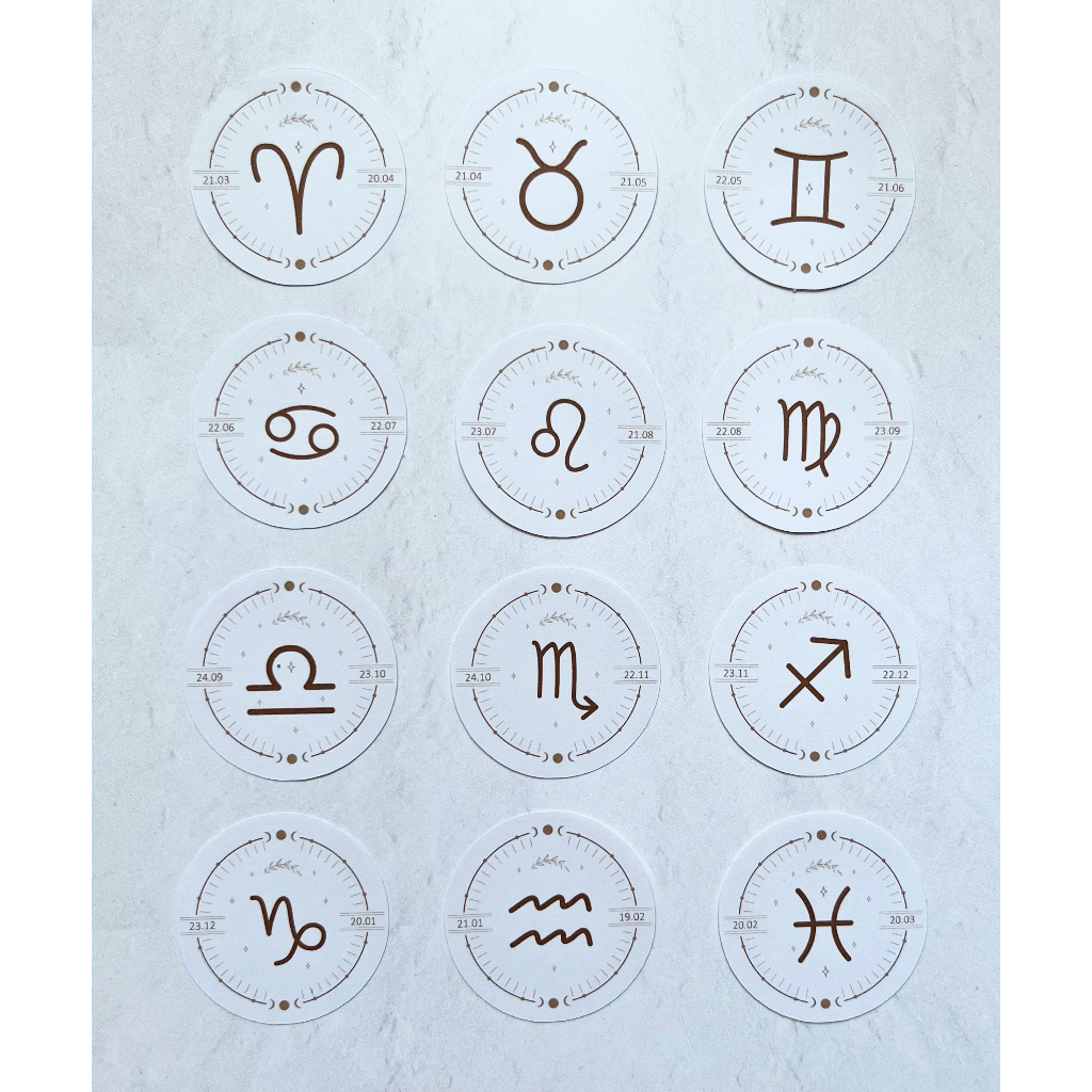 Bộ 24 sticker hình dán mẫu kí hiệu cung hoàng đạo hình tròn trắng đen huyền bí trang trí sổ, sáng tạo nghệ thuật, journ