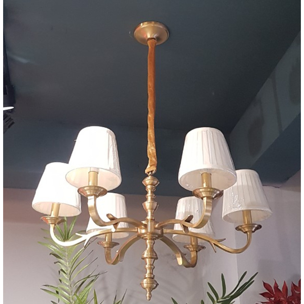 Đèn chùm Châu Âu chất liệu đồng/chao vải 6 chao