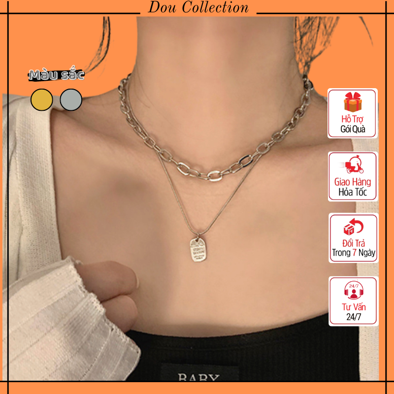 Dây chuyền unisex nam nữ, Vòng cổ chất thép không gỉ phối dây mảnh mặt chữ nhật cá tính thời trang - Mã DC016