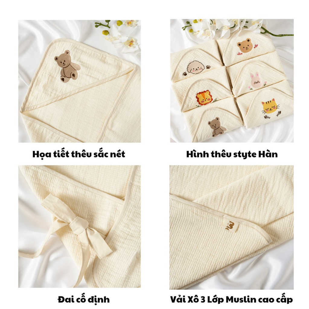 DOSOSINH24. Khăn quấn/ choàng ủ sơ sinh đa năng MOLLI vải sợi Muslin cao cấp cho bé hình thêu cao cấp xuất Hàn