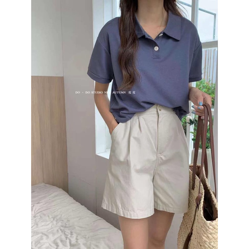 Áo thun nữ cổ polo dáng suông lửng chất mỏng thoáng mát