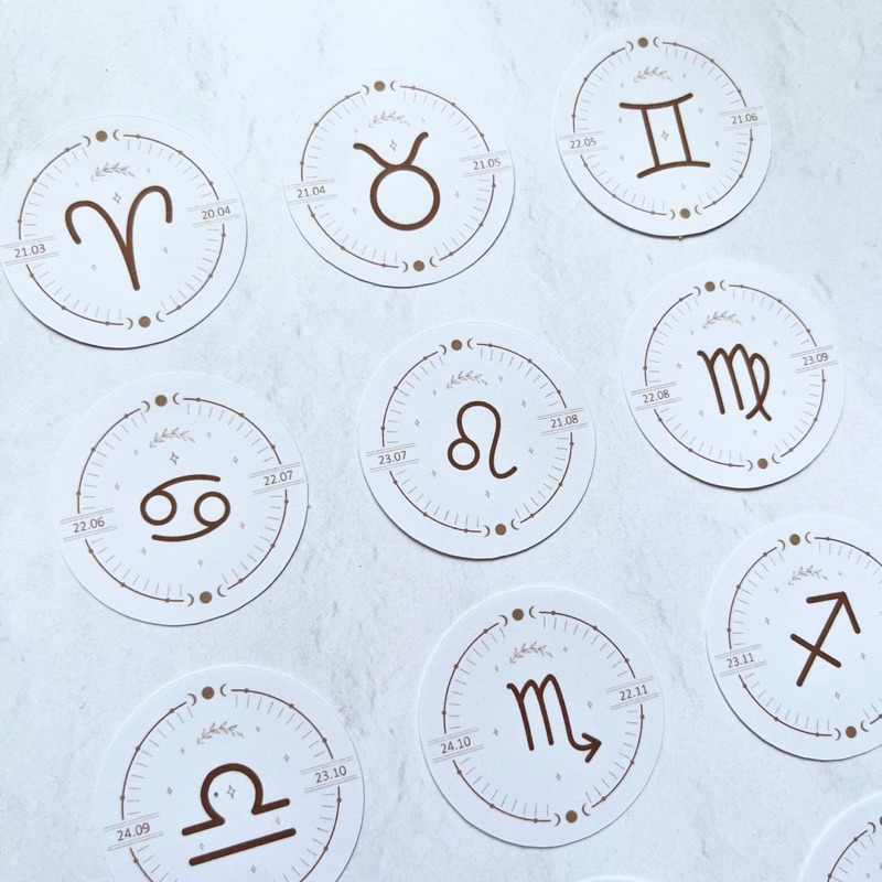 Bộ 24 sticker hình dán mẫu kí hiệu cung hoàng đạo hình tròn trắng đen huyền bí trang trí sổ, sáng tạo nghệ thuật, journ