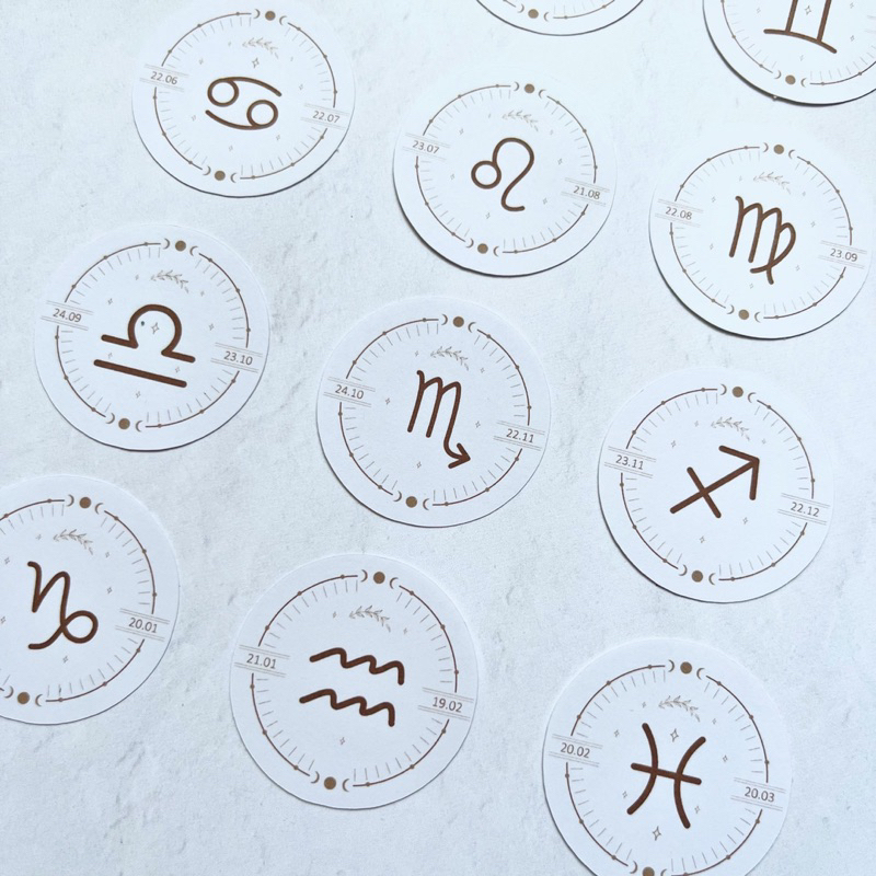 Bộ 24 sticker hình dán mẫu kí hiệu cung hoàng đạo hình tròn trắng đen huyền bí trang trí sổ, sáng tạo nghệ thuật, journ