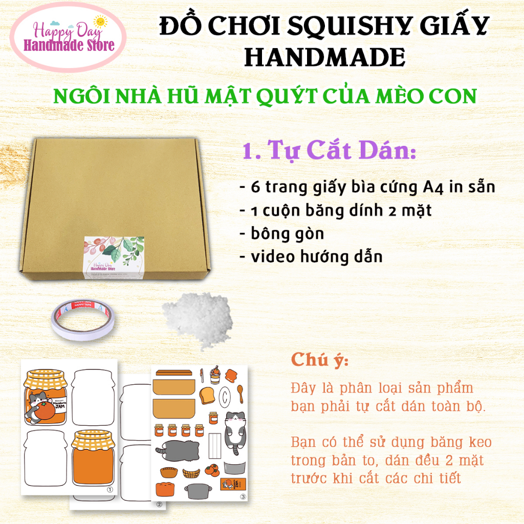 Squishy Giấy - Ngôi Nhà Búp Bê Giấy Nhồi Bông Hũ Mật Quýt của Mèo Con - DIY Set Giấy Tự Làm - Đồ Chơi Cho Bé