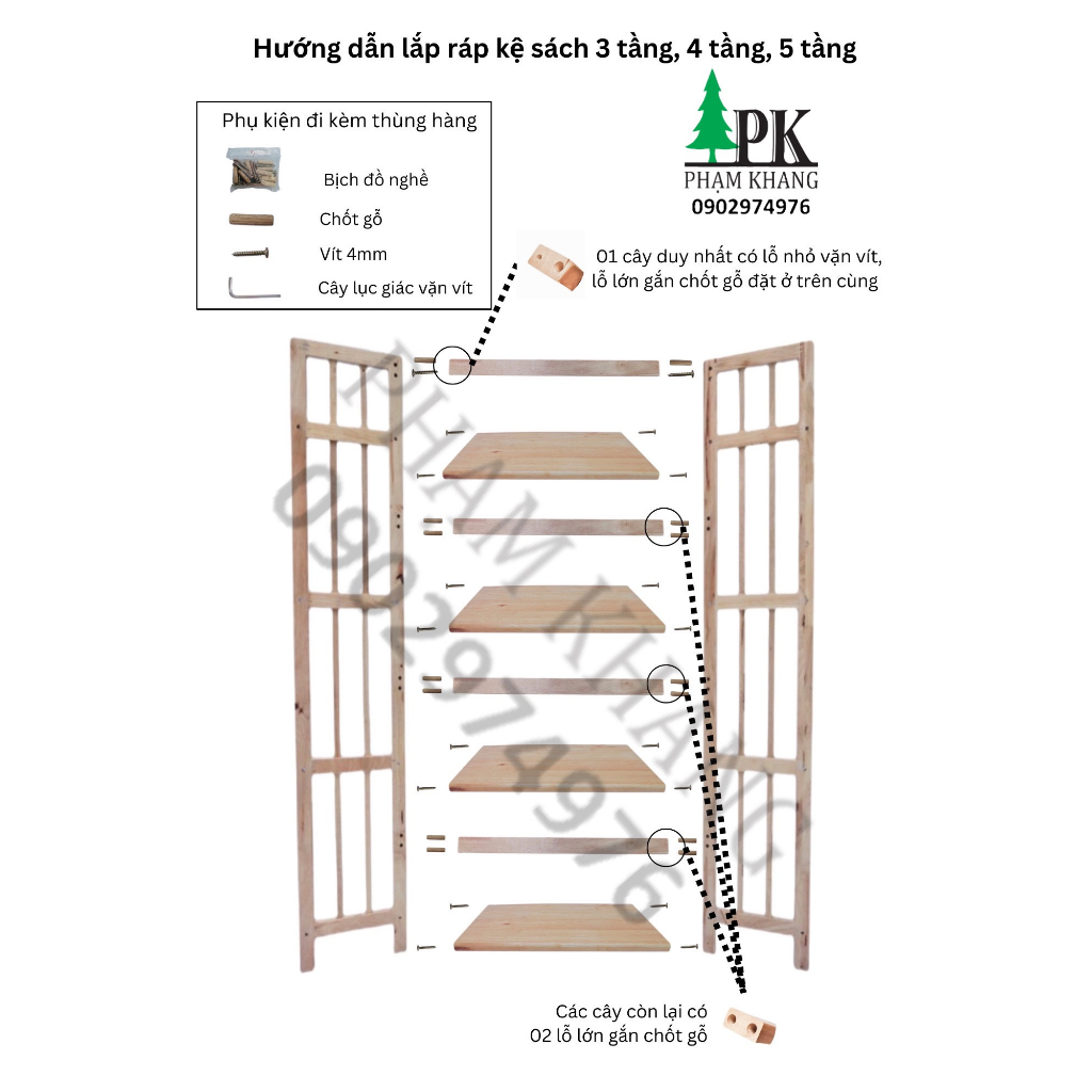 Kệ sách gỗ 3 tầng Phạm Khang - Gỗ cao su màu Tự Nhiên/ Vàng Cherry - Nhiều kích thước 38/ 50/ 64/ 80/ 90/ 100