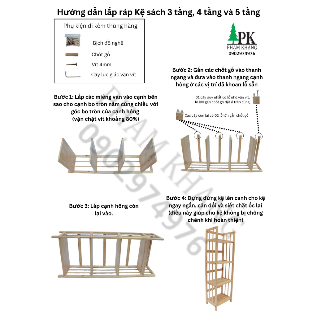 Kệ sách gỗ 3 tầng Phạm Khang - Gỗ cao su màu Tự Nhiên/ Vàng Cherry - Nhiều kích thước 38/ 50/ 64/ 80/ 90/ 100