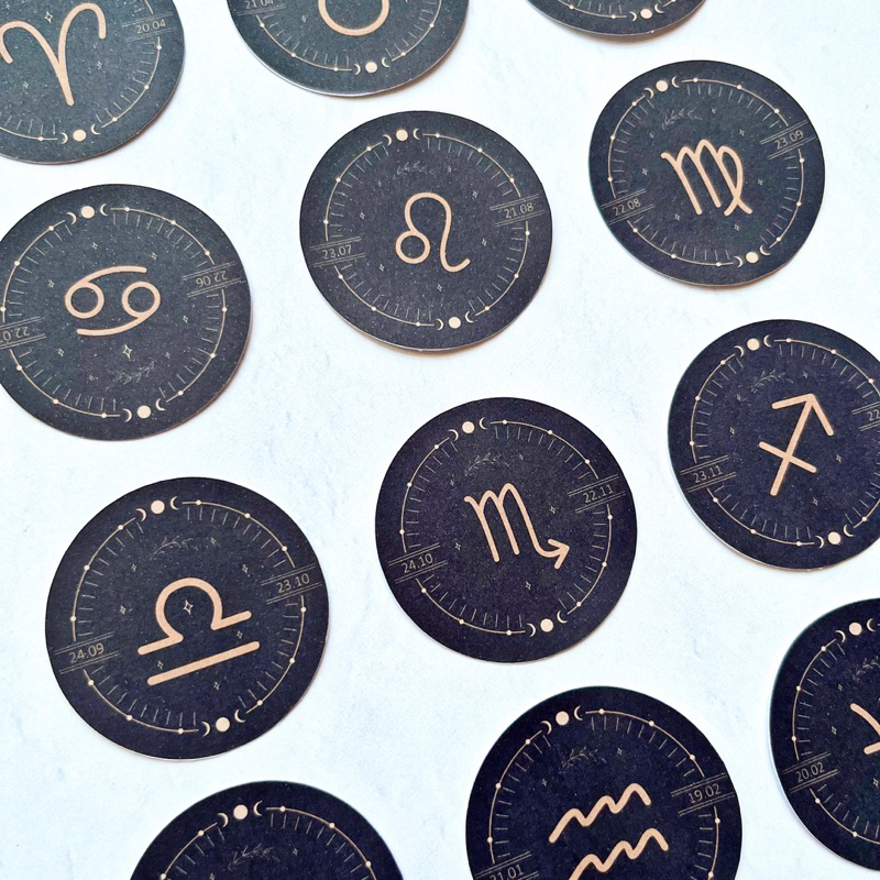 Bộ 24 sticker hình dán mẫu kí hiệu cung hoàng đạo hình tròn trắng đen huyền bí trang trí sổ, sáng tạo nghệ thuật, journ