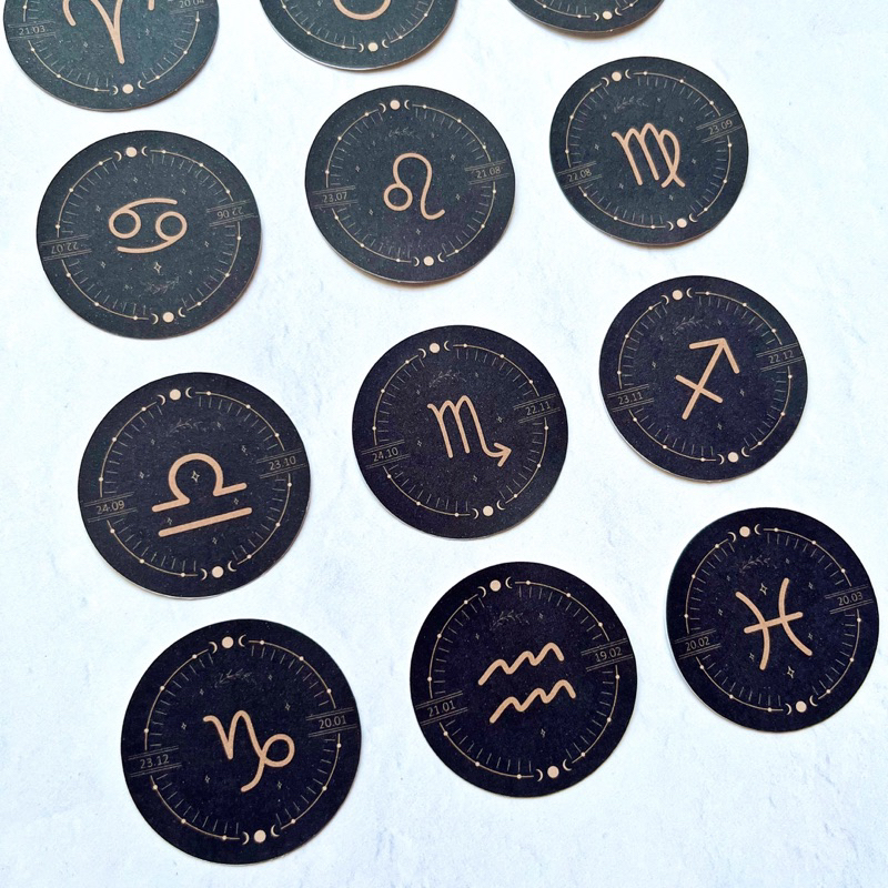 Bộ 24 sticker hình dán mẫu kí hiệu cung hoàng đạo hình tròn trắng đen huyền bí trang trí sổ, sáng tạo nghệ thuật, journ