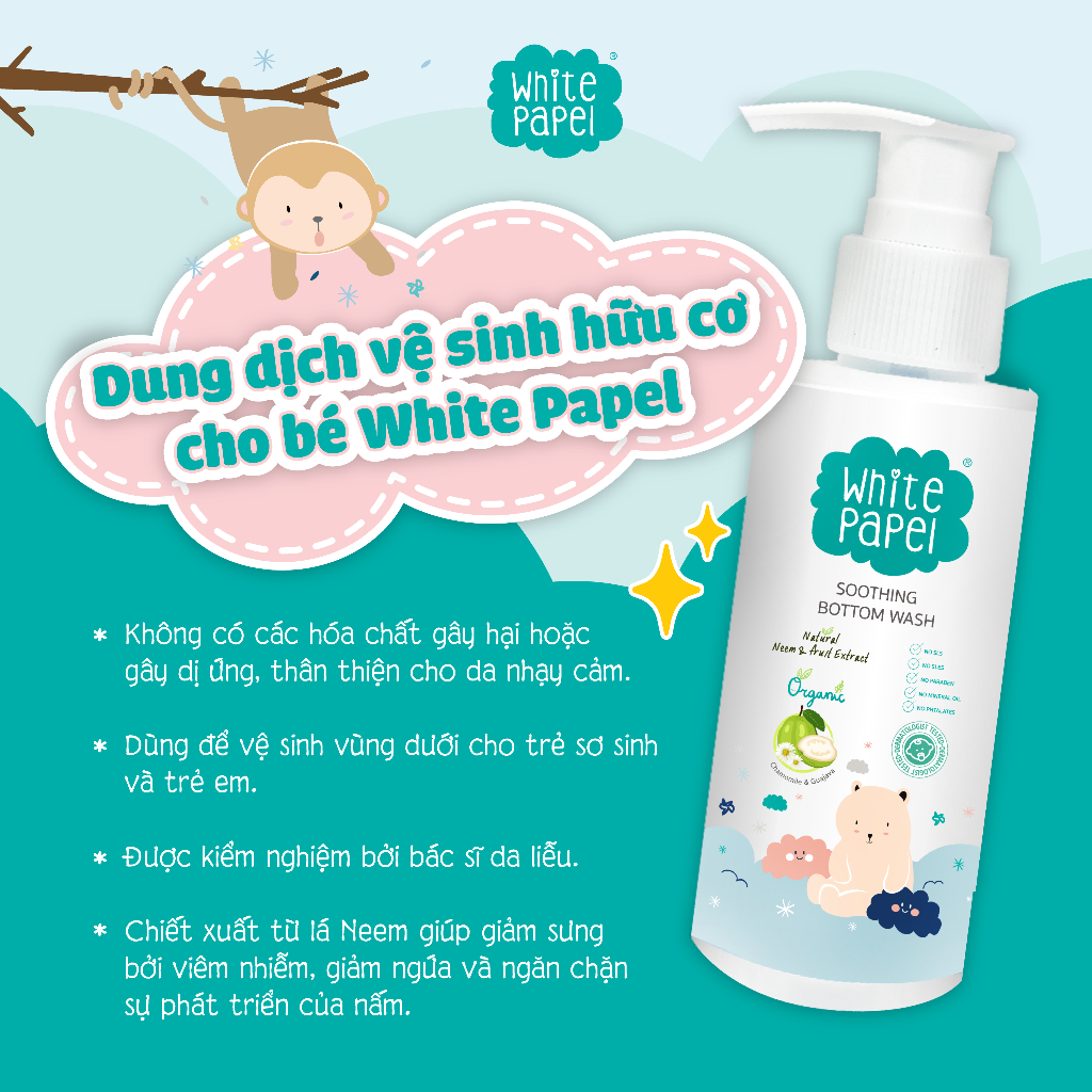 Dung dịch vệ sinh hữu cơ tự nhiên Organic làm sạch nhẹ dịu cho bé White Papel 120ml