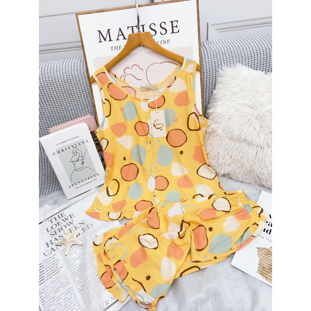 Bộ đồ ngủ mặc nhà cao cấp Lanh Chillwear dáng áo gile quần ngố họa tiết hình tròn đơn giản độc đáo, chất lanh mát lạnh