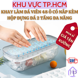 [Sỉ Siêu Rẻ] Khay Làm Đá Viên 2 Tầng 48 Ô Có Nắp Kèm Hộp Đựng Đá, Khay Làm Đá Thông Minh Lấy Sạch Đá Chỉ Sau 1 Lần Nhấn
