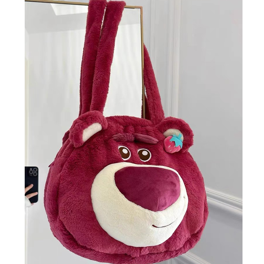 Túi gấu dâu size 30cm màu hồng đậm mới lông mềm mịn siêu đáng yêu, túi xách họa tiết Lotso _ Ting Ting