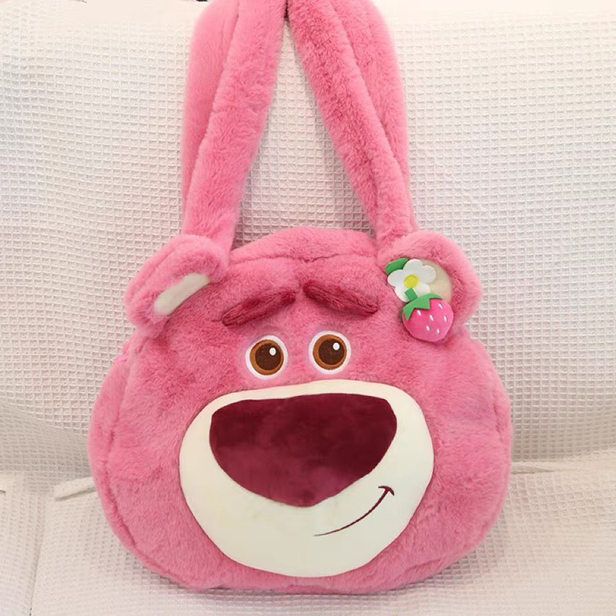 Túi gấu dâu size 30cm màu hồng đậm mới lông mềm mịn siêu đáng yêu, túi xách họa tiết Lotso _ Ting Ting
