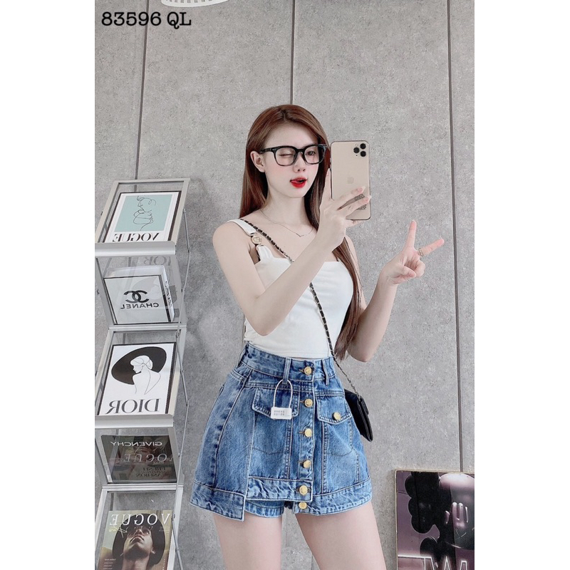 Quần Đùi Bò Mix Cúc Đồng Xẻ Tà/ Quần Sooc Jean Giả Váy Hàng QCCC L1