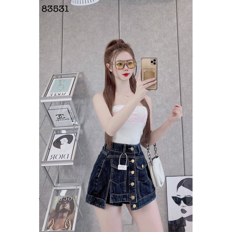 Quần Đùi Bò Mix Cúc Đồng Xẻ Tà/ Quần Sooc Jean Giả Váy Hàng QCCC L1