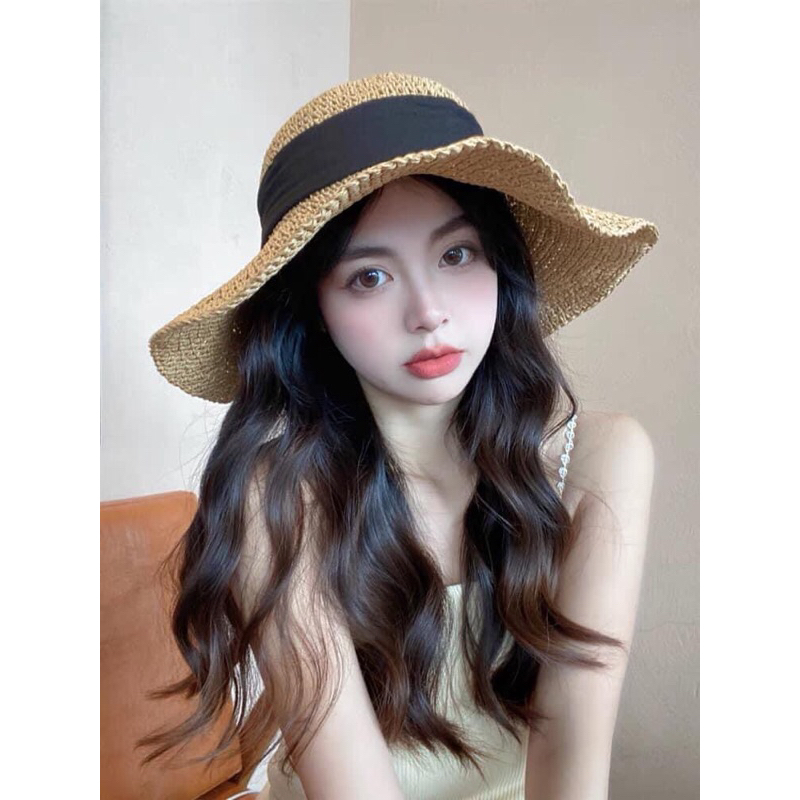 Mũ cói vành rộng đi biển- Mũ cói gập sau nơ đen bản to siêu bánh bèo