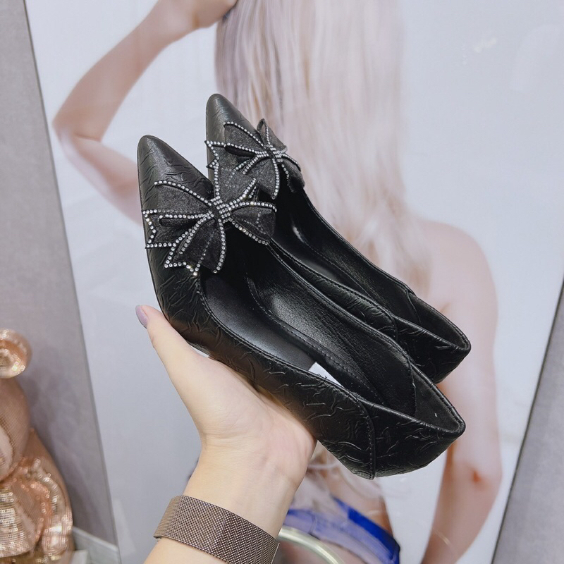 Giày cao gót nhọn  và giày gót vuông công sở da mềm phối nơ voan viền đá sang trọng K21 Vân sần